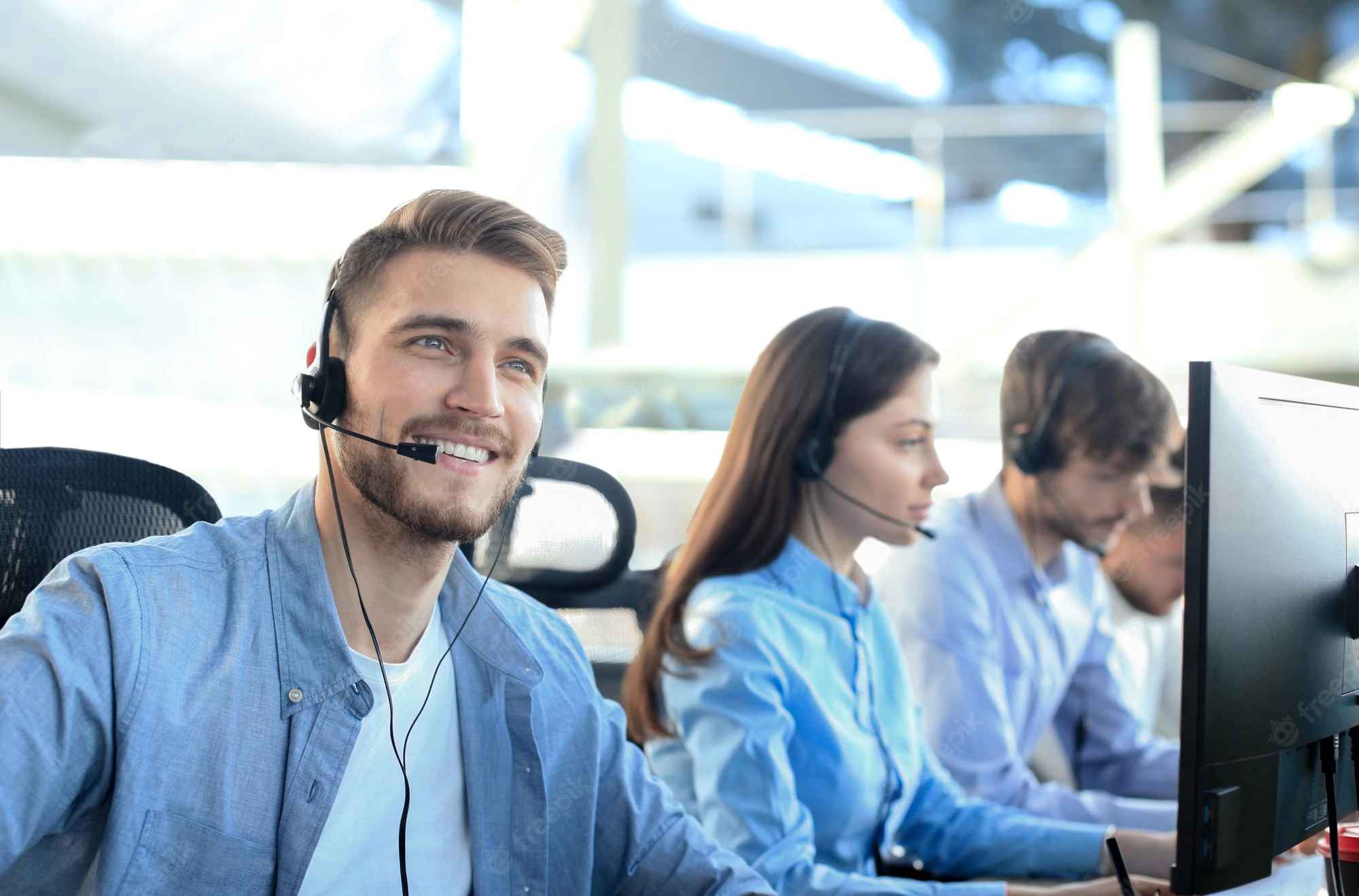 smiling call center employees